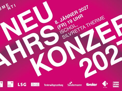 Ein Plakat für das Neujahrskonzert 2027. Das Datum ist der 8. Januar 2027, um 19 Uhr in Ischgl, Silvretta Therme.