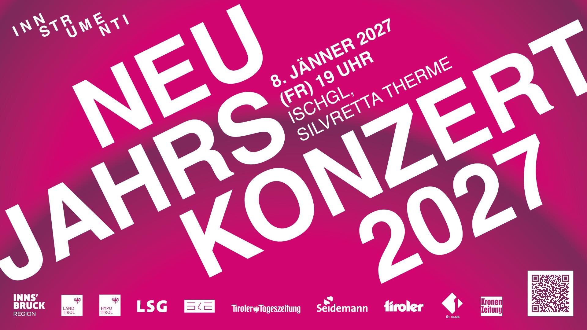 Ein Plakat für das Neujahrskonzert 2027. Das Datum ist der 8. Januar 2027, um 19 Uhr in Ischgl, Silvretta Therme.