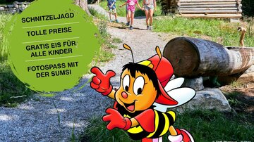 A cheerful event poster for a treasure hunt in the mountains. It features a bee named Sums and is an invitation for children with information about prizes and activities.