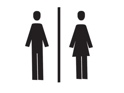 Ein einfaches Symbol für Toiletten. Auf der linken Seite ist ein Männchen und auf der rechten Seite ein Weibchen abgebildet.