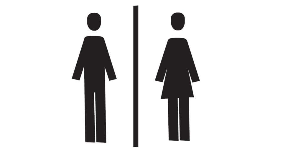 Ein einfaches Symbol für Toiletten. Auf der linken Seite ist ein Männchen und auf der rechten Seite ein Weibchen abgebildet.