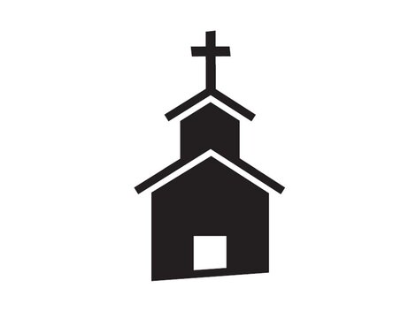 Eine stilisierte Darstellung einer Kirche mit einem Kreuz auf dem Dach. Die Formen sind einfach und klar gestaltet.