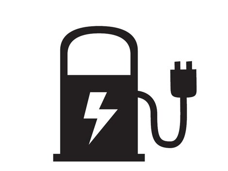 Eine stilisierte Ladestation für Elektrofahrzeuge. Sie zeigt einen Stecker und ein Blitzsymbol.