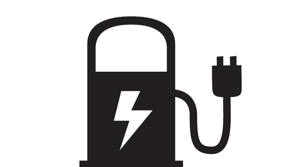 Eine stilisierte Ladestation für Elektrofahrzeuge. Sie zeigt einen Stecker und ein Blitzsymbol.
