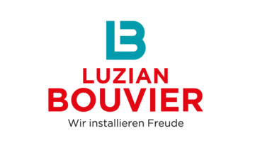 Ein modernes Logo mit den Buchstaben „LB“ in Blau und Rot. Darunter steht der Schriftzug „Luzian Bouvier“ und der Slogan „Wir installieren Freude“.