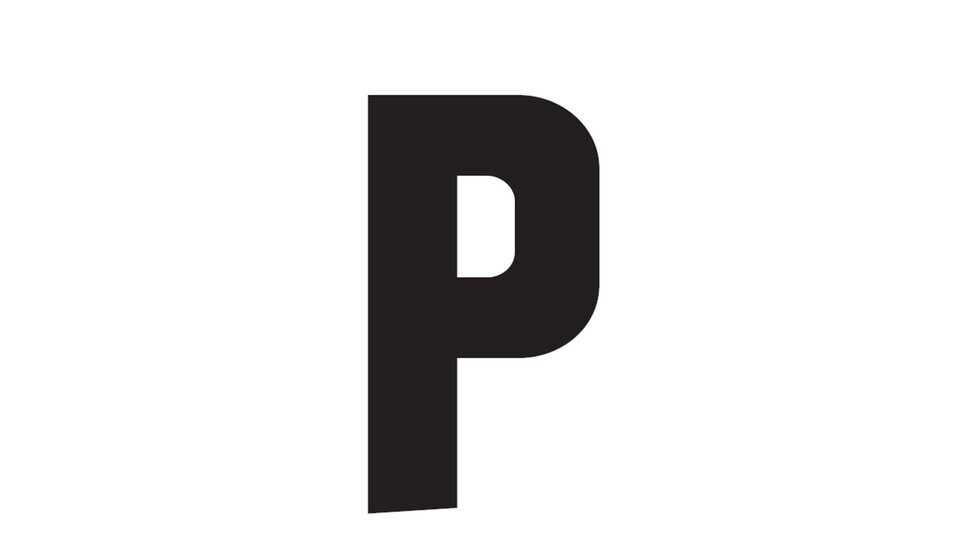 Ein großes, schwarzes "P" auf weißem Hintergrund. Es ist einfach und modern gestaltet.