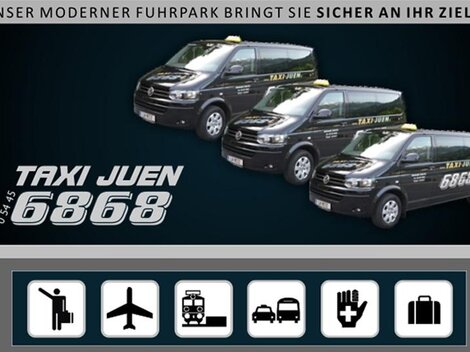 Ein modernes Taxiunternehmen mit mehreren Taxifahrzeugen auf einem dunklen Hintergrund. Die Anzeige betont die Zuverlässigkeit und Sicherheit des Services.